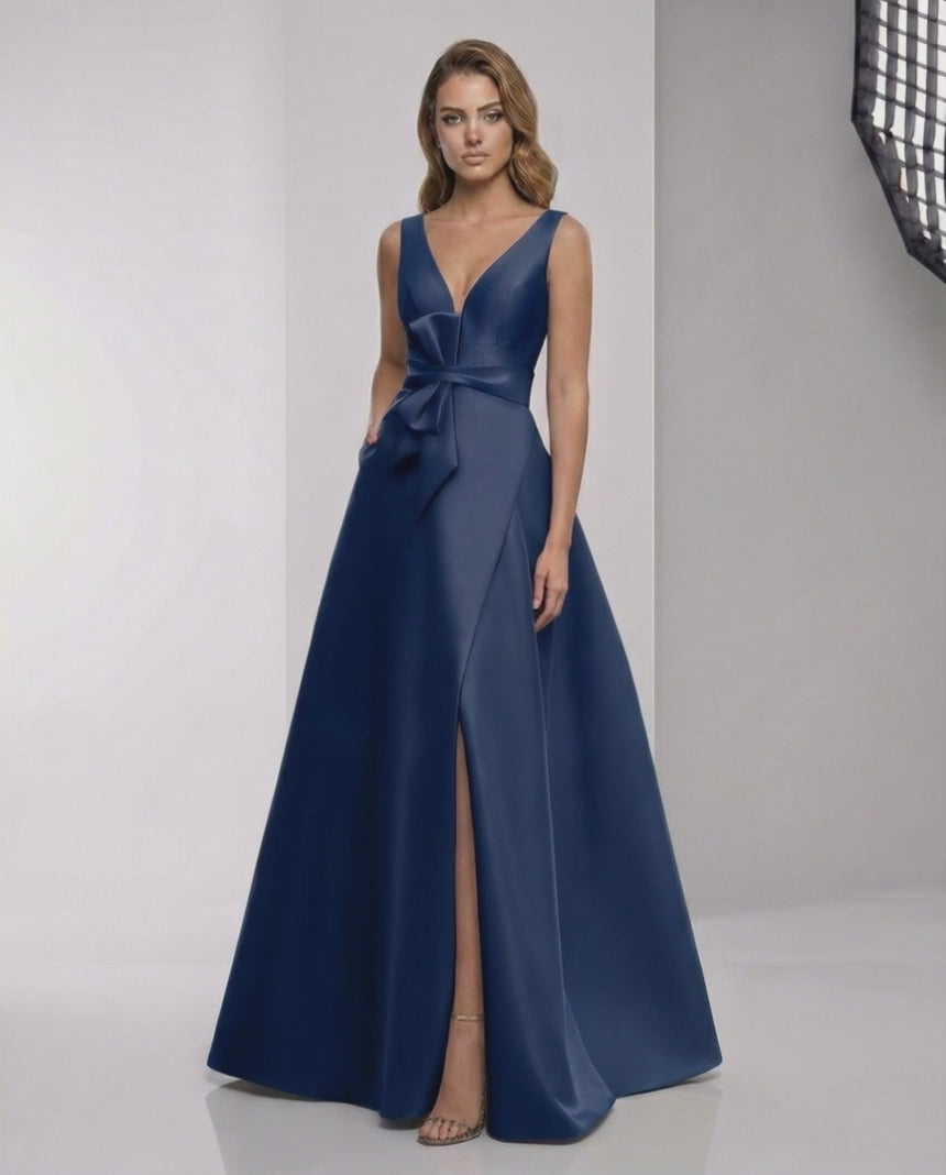Orlena Maxi Dress - Navy satin A-Line with wrap slit, bow detail; elegant for formal occasions by Lauven.