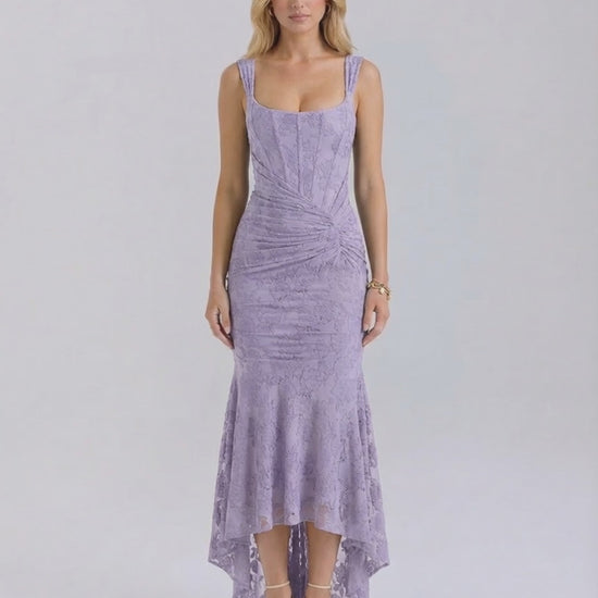 Iris Maxi Dress by Lauven in soft lavender with square collar and asymmetric hem.