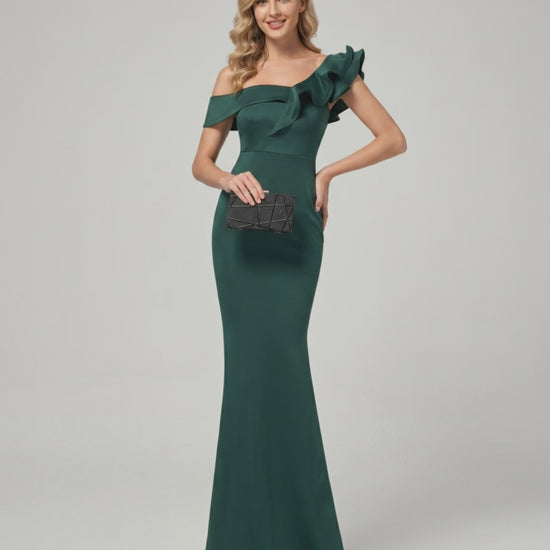 Velmora Maxi Dress - Off-Shoulder, Mermaid Silhouette, Asymmetrical Ruffle, by Lauven, Elegant and Structured Fit