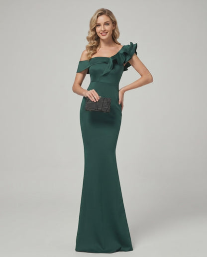 Velmora Maxi Dress - Off-Shoulder, Mermaid Silhouette, Asymmetrical Ruffle, by Lauven, Elegant and Structured Fit