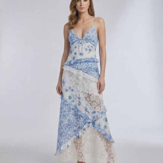 Azure Maxi Dress with floral lace, ruffle V-neck design, by Lauven, in soft blue and ivory for an elegant look.
