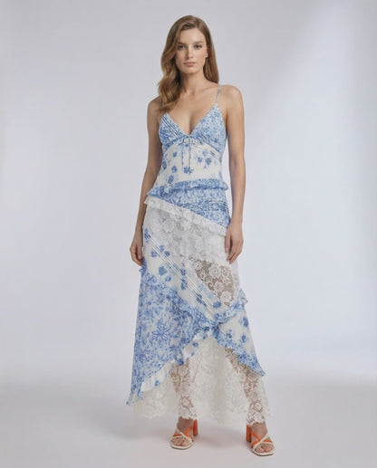 Azure Maxi Dress with floral lace, ruffle V-neck design, by Lauven, in soft blue and ivory for an elegant look.