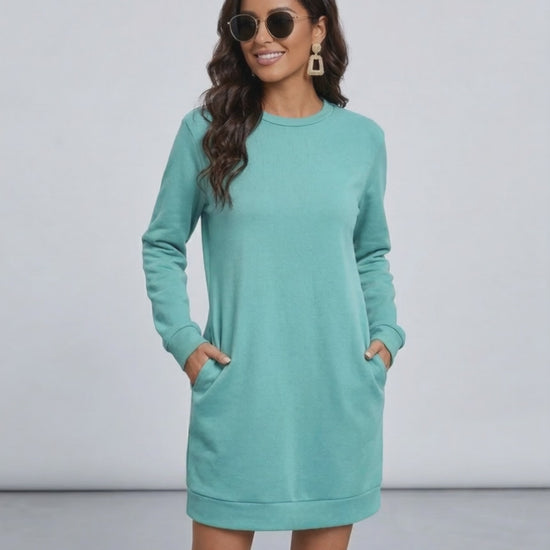 Luna Mini Dress by Lauven, casual O neck long sleeve sweatshirt dress in aqua with pockets.