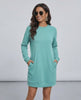 Luna Mini Dress by Lauven, casual O neck long sleeve sweatshirt dress in aqua with pockets.