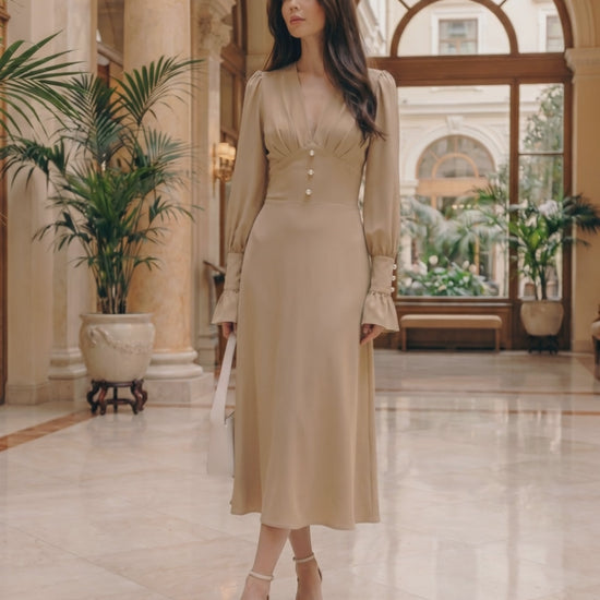 Selene Midi Dress by Lauven, elegant polyester design, V-neckline, lantern sleeves, refined occasion wear