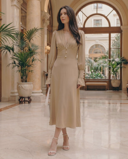 Selene Midi Dress by Lauven, elegant polyester design, V-neckline, lantern sleeves, refined occasion wear