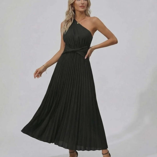Nova Midi Dress by Lauven - Elegant one shoulder twist front, pleated hem, perfect for luxury evening wear.
