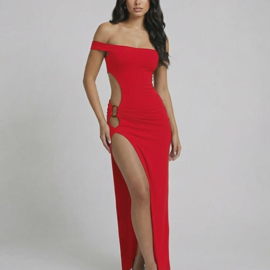 Crimsom Maxi Dress by Lauven, elegant red off-shoulder evening gown with figure-skimming design and high slit.
