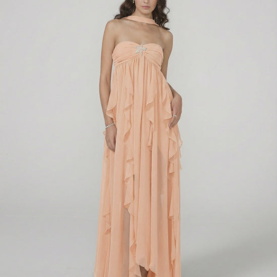 Peachira Maxi Dress by Lauven - Elegant strapless ankle-length gown with ruffles, showcasing a flowing silhouette.
