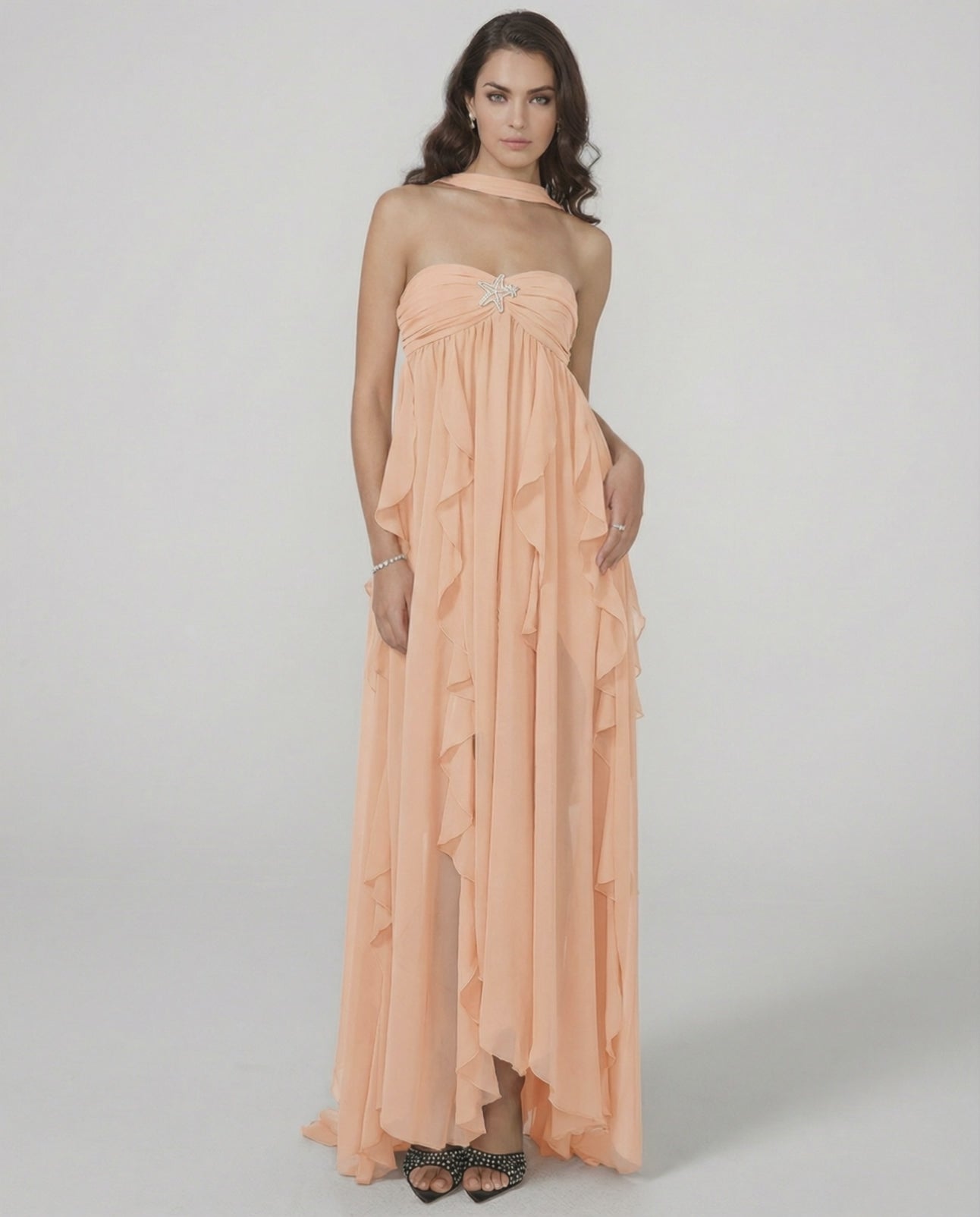 Peachira Maxi Dress by Lauven - Elegant strapless ankle-length gown with ruffles, showcasing a flowing silhouette.