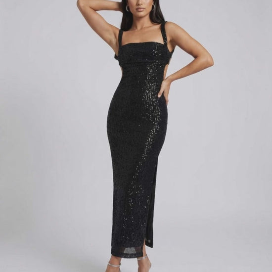 Lauven Nyra Midi Dress showcasing sequined elegance, backless design, and a stunning silhouette for special events.
