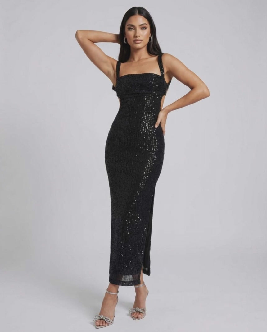 Lauven Nyra Midi Dress showcasing sequined elegance, backless design, and a stunning silhouette for special events.
