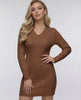 Chestnut Mini Dress by Lauven featuring a classic cable knit design and flattering V-neck collar.