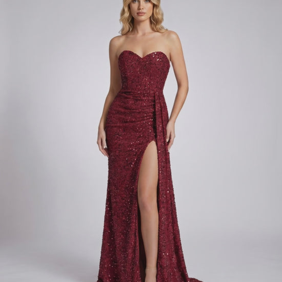 Serenza Maxi Dress in burgundy, strapless, sequin-embellished, bodycon silhouette, by Lauven.
