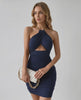Aurelia Mini Dress featuring a halter neckline, ruched detailing, and a bodycon silhouette by Lauven.