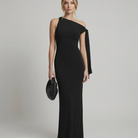Sienna Maxi Dress – Black one shoulder silhouette, sleek evening style by Lauven, elegant and refined look.