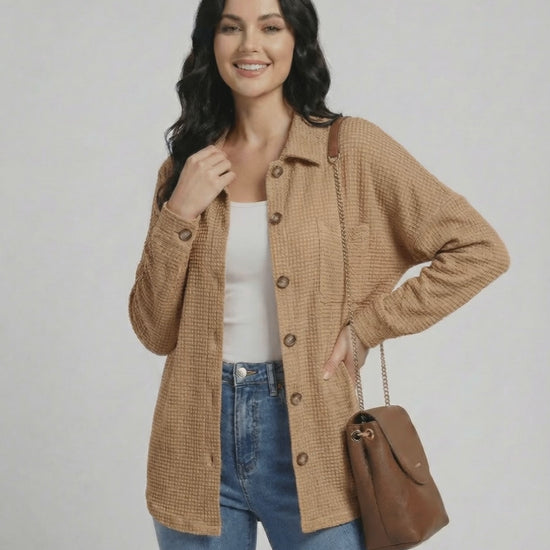 Sienna Jacket by Lauven - Women's beige waffle knit jacket with longline fit, perfect for casual layering.