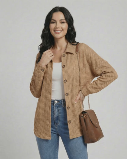 Sienna Jacket by Lauven - Women's beige waffle knit jacket with longline fit, perfect for casual layering.