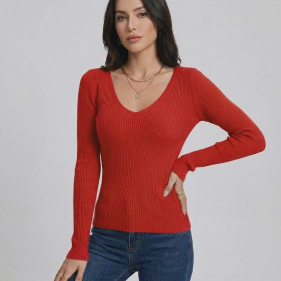 Scarlet Pullover by Lauven - Women's V-Neck Slim Fit Sweater in Red with Long Sleeves
