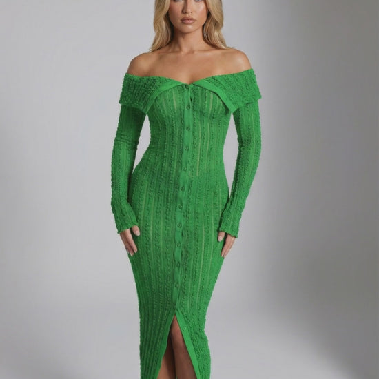 Elaris Midi Dress – Green off shoulder bodycon dress by Lauven, featuring button front and long sleeves for a stylish silhouette.