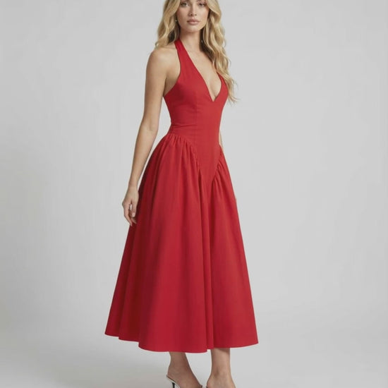 Soleil Midi Dress in red, featuring halter neck, backless design, and a polished silhouette by Lauven for special occasions.