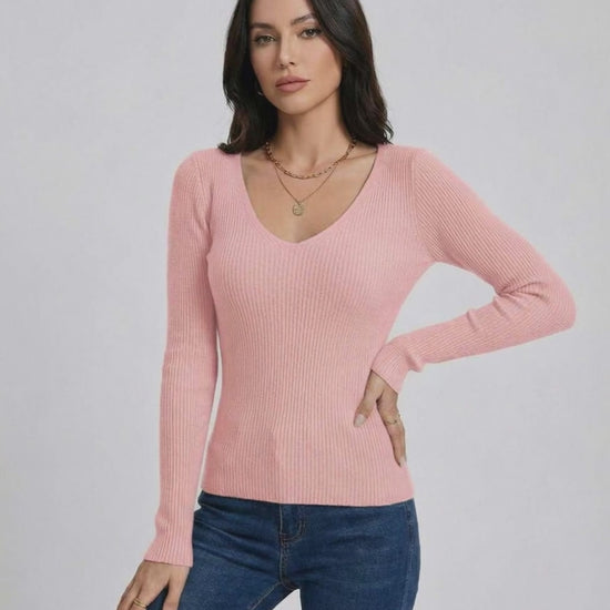 Florence Pullover by Lauven - Women’s pink V-neck pullover sweater with slim fit and long sleeves.