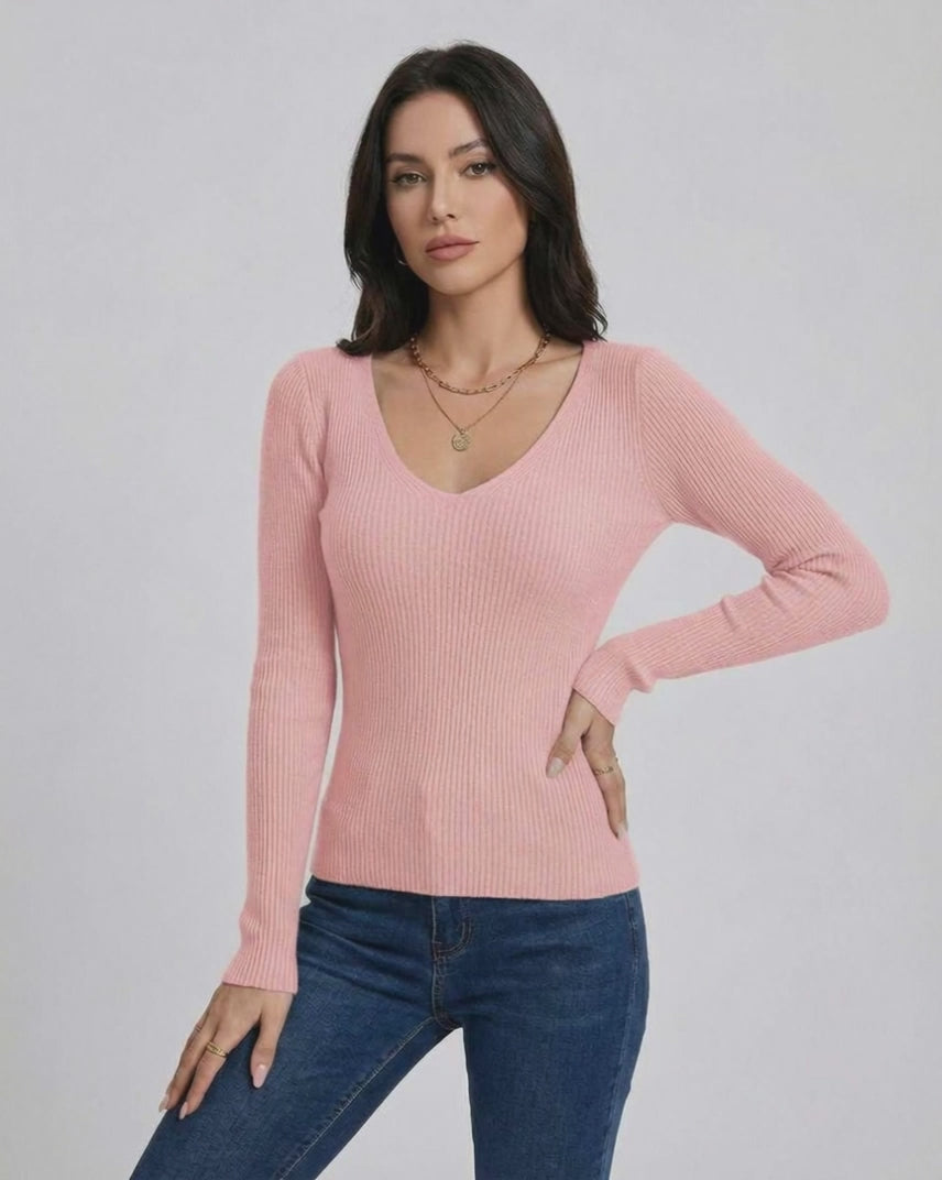 Florence Pullover by Lauven - Women’s pink V-neck pullover sweater with slim fit and long sleeves.