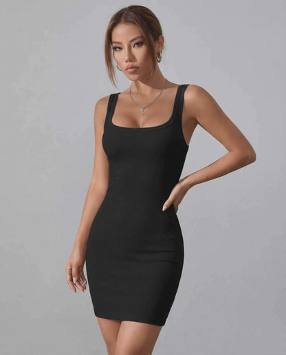 Celia Mini Dress by Lauven - Sleek black rib-knit square neck tank dress highlighting a slim fit silhouette.