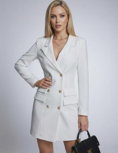 Nova Mini Dress by Lauven - Double-Breasted V-Neck White Blazer Dress with Long Sleeves
