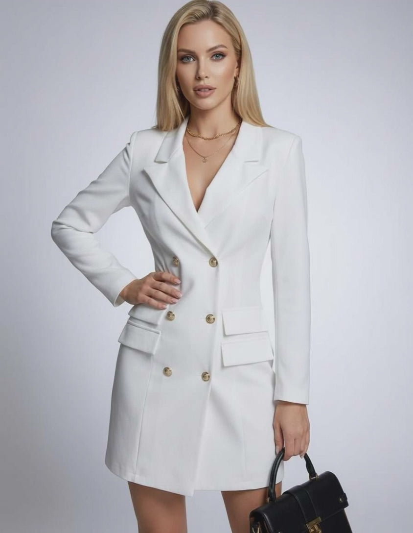 Nova Mini Dress by Lauven - Double-Breasted V-Neck White Blazer Dress with Long Sleeves