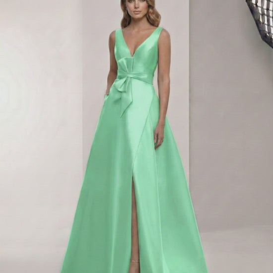 Verdelle Maxi Dress by Lauven, satin mint green A-line dress with V-neck, bow detail, perfect for elegant occasions.
