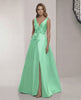 Verdelle Maxi Dress by Lauven, satin mint green A-line dress with V-neck, bow detail, perfect for elegant occasions.