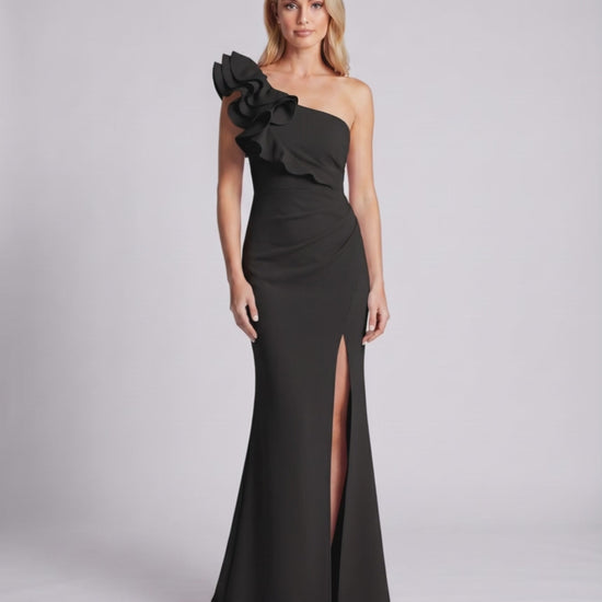 Aurelium Maxi Dress featuring smooth stretch fabric, one-shoulder design, and sculptural detailing by Lauven.
