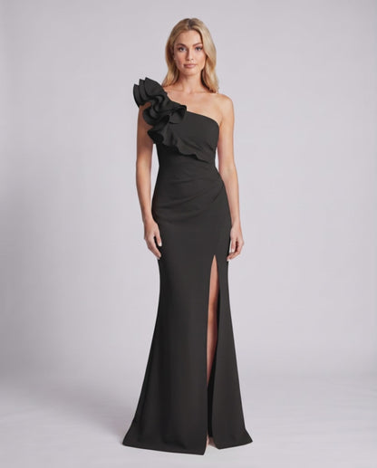 Aurelium Maxi Dress featuring smooth stretch fabric, one-shoulder design, and sculptural detailing by Lauven.