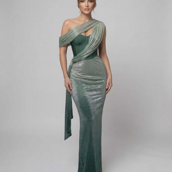 Virella Maxi Dress - Green draped maxi with bustier detail, embellished fabric and modern elegance by Lauven.