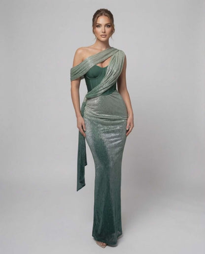 Virella Maxi Dress - Green draped maxi with bustier detail, embellished fabric and modern elegance by Lauven.