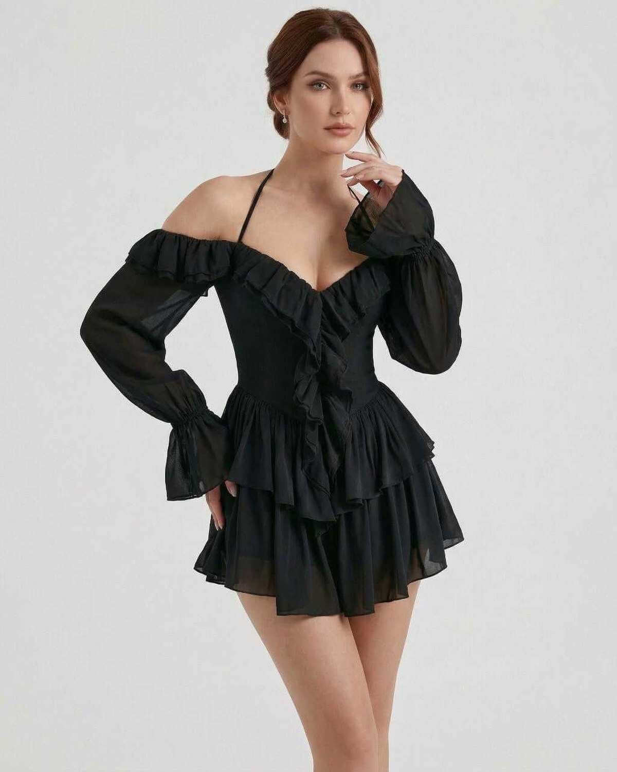 Ravelle Mini Dress by Lauven – Black Halter Ruffle Mini Dress with Sheer Sleeves and Flattering Silhouette.