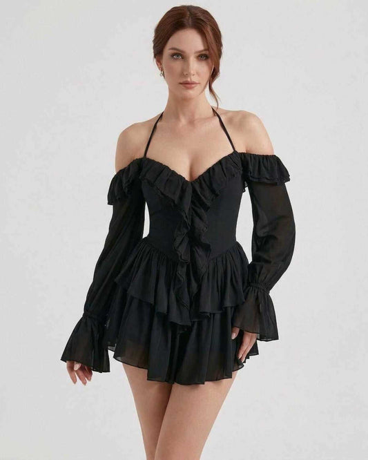 Ravelle Mini Dress by Lauven – Black halter ruffle mini dress with sheer sleeves, perfect for evening wear.
