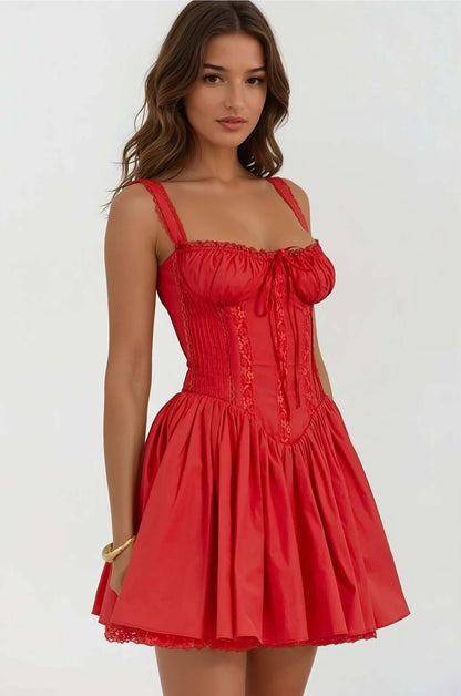 Red mini dress with lace details and corset bodice, perfect for summer parties and special occasions.