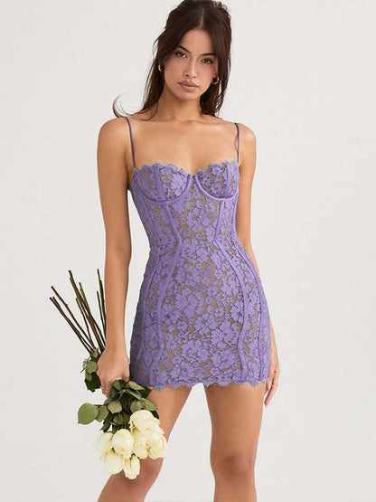 Romy Mini Dress in lavender lace, perfect for wedding guests, cocktail parties, and summer events, showcasing elegance and style.