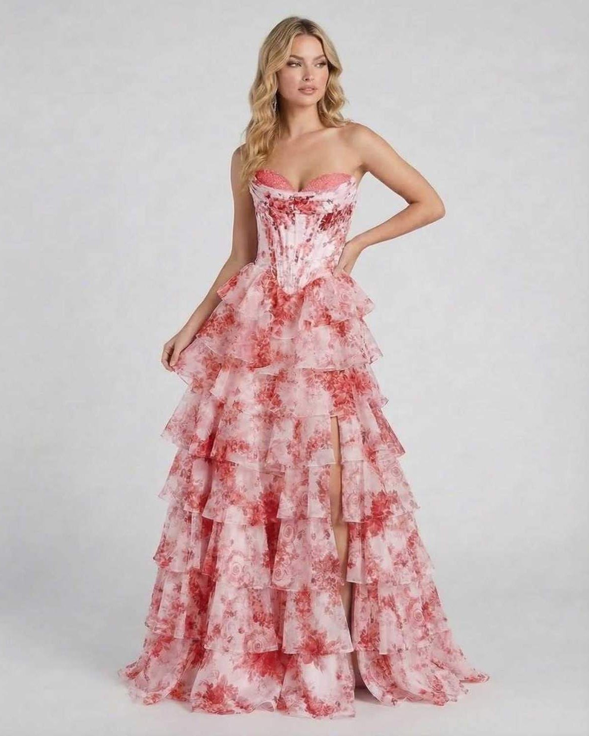 Rosalia Maxi Dress by Lauven featuring a romantic pink floral tiered chiffon design.