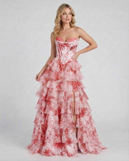 Rosalia Maxi Dress by Lauven featuring a romantic pink floral tiered chiffon design.