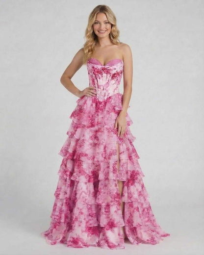 Rosalia Maxi Dress by Lauven, romantic pink floral tiered chiffon gown with ruffles and a high slit.