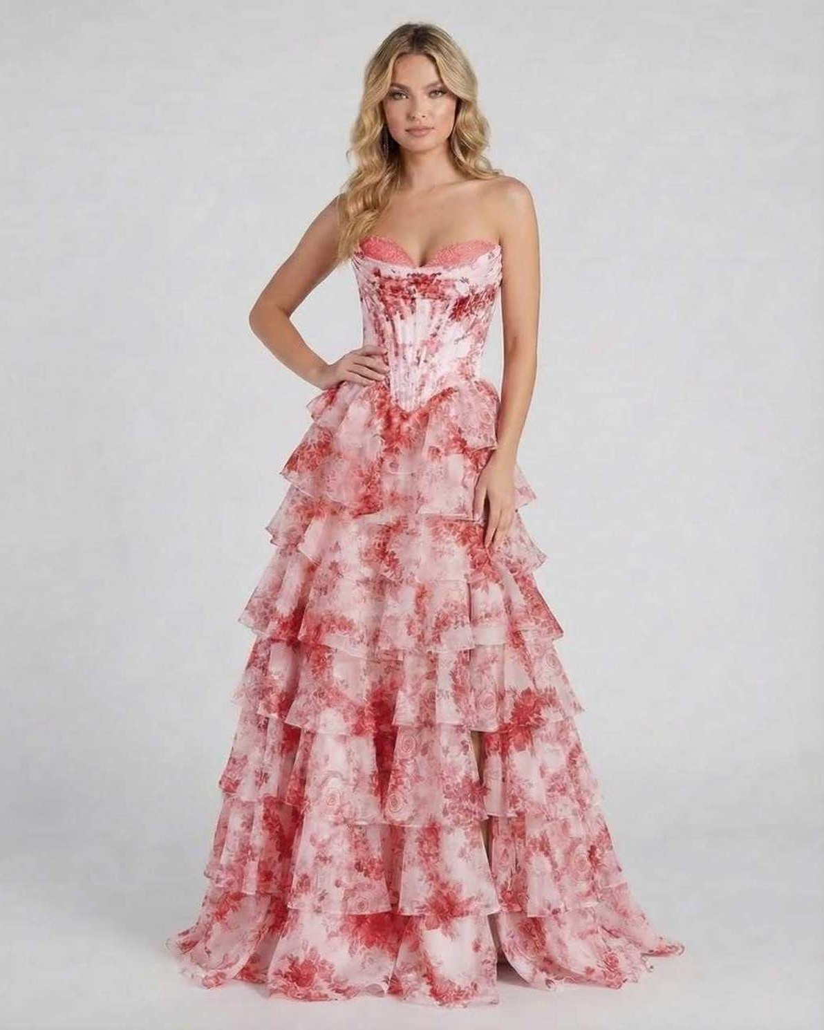 Rosalia Maxi Dress by Lauven featuring a romantic pink floral tiered chiffon gown with strapless design.