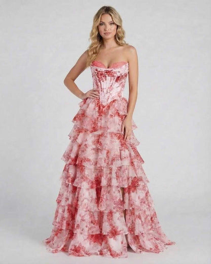 Rosalia Maxi Dress by Lauven featuring a romantic pink floral tiered chiffon gown with strapless design.