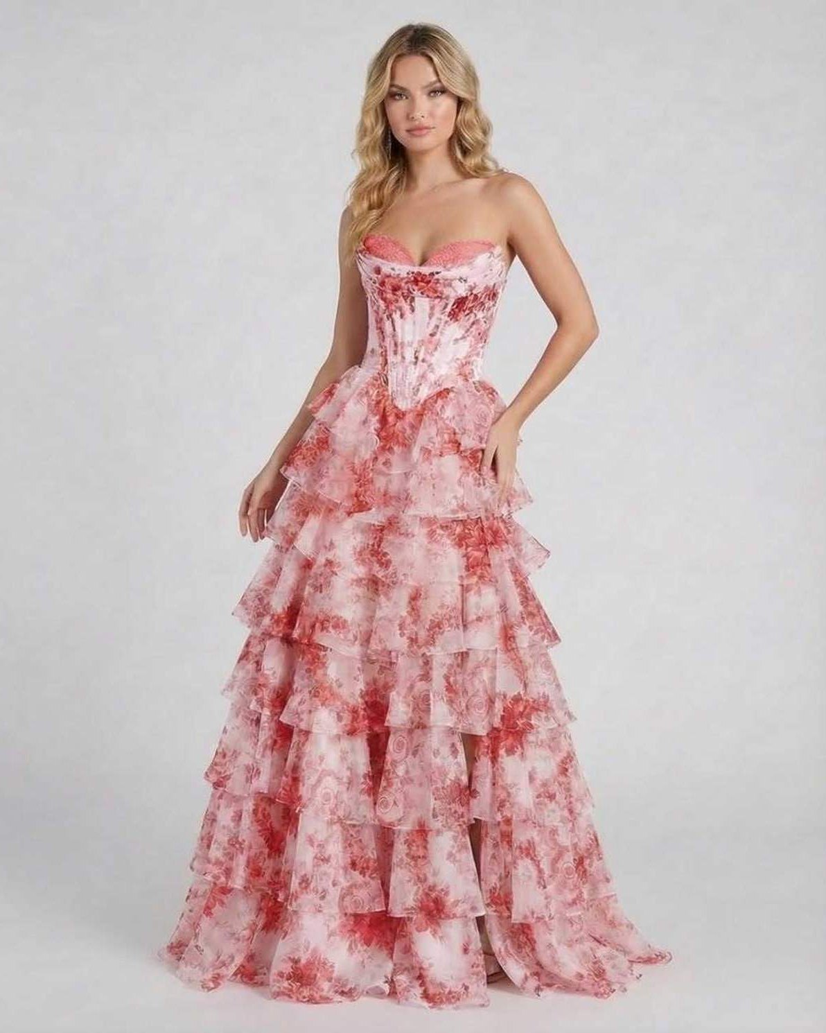Rosalia Maxi Dress by Lauven, romantic pink floral tiered chiffon gown with structured corset bodice.