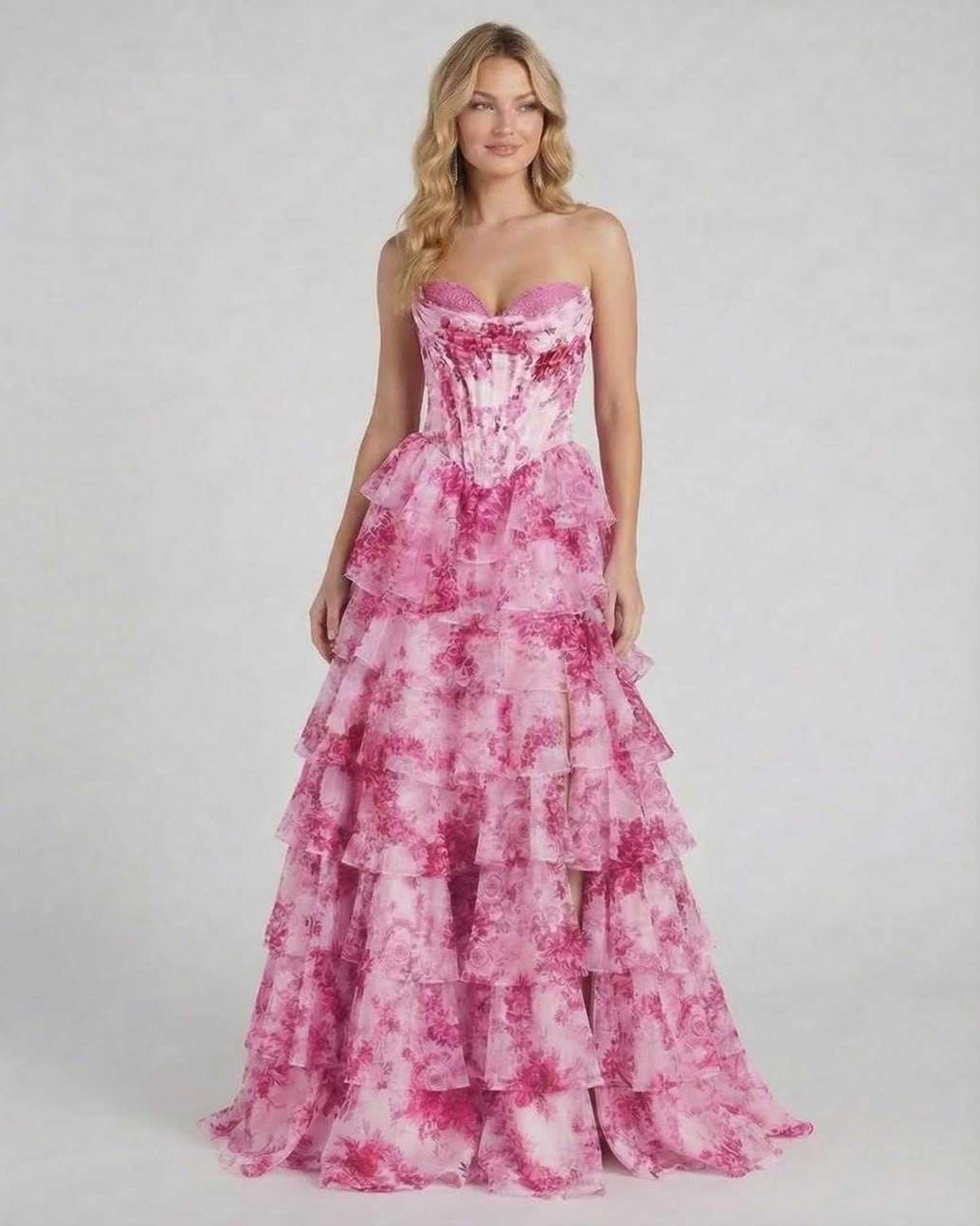 Rosalia Maxi Dress by Lauven, romantic pink floral tiered chiffon gown showcasing ruffles and a corset bodice.