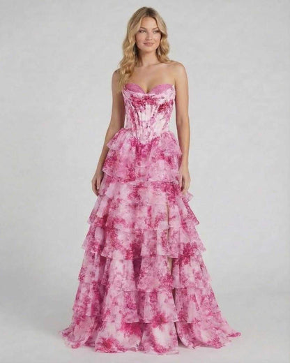 Rosalia Maxi Dress by Lauven, romantic pink floral tiered chiffon gown showcasing ruffles and a corset bodice.