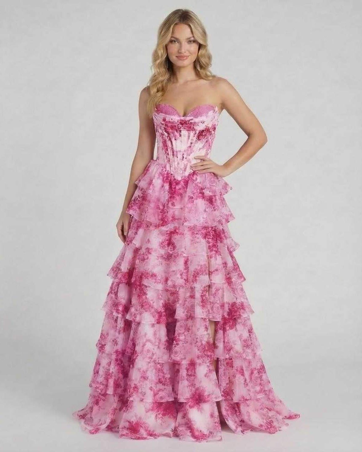 Rosalia Maxi Dress by Lauven featuring a pink floral tiered chiffon design with a corset bodice.