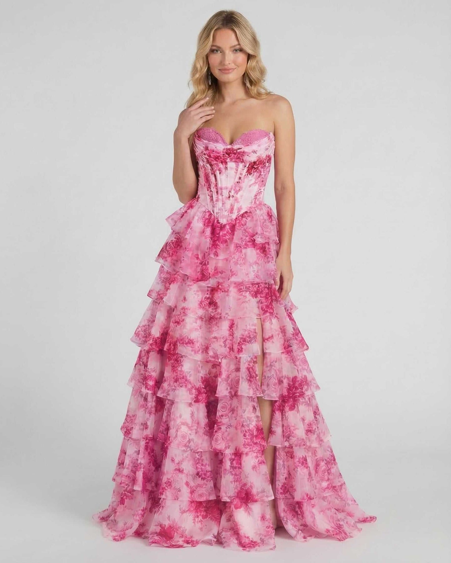 Rosalia Maxi Dress by Lauven, pink floral tiered chiffon gown with ruffles and high slit for elegant movement.
